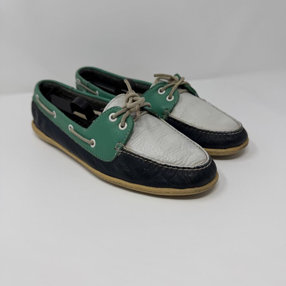 L.L.Bean Leather Boat Shoes Navy Green White Size 9M